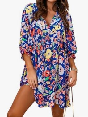 Miduo Dress Womens S Multicolor Floral Balloon Sleeve Empire Waist Mini Swing